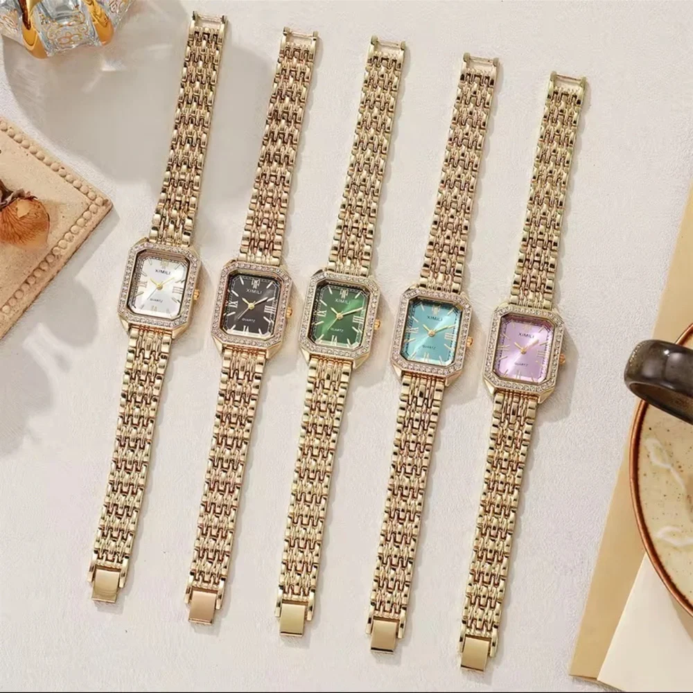 Luxury Gold Rectangular Watch with Blue Dial & Crystal Bezel